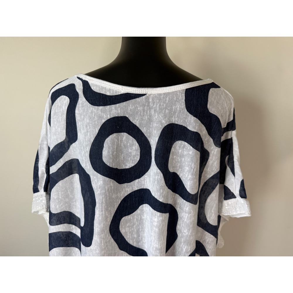 Made in Italy Linen Blend Tunic Top Navy White Abstract Circle Sequin Trim M/L - Picture 8 of 10